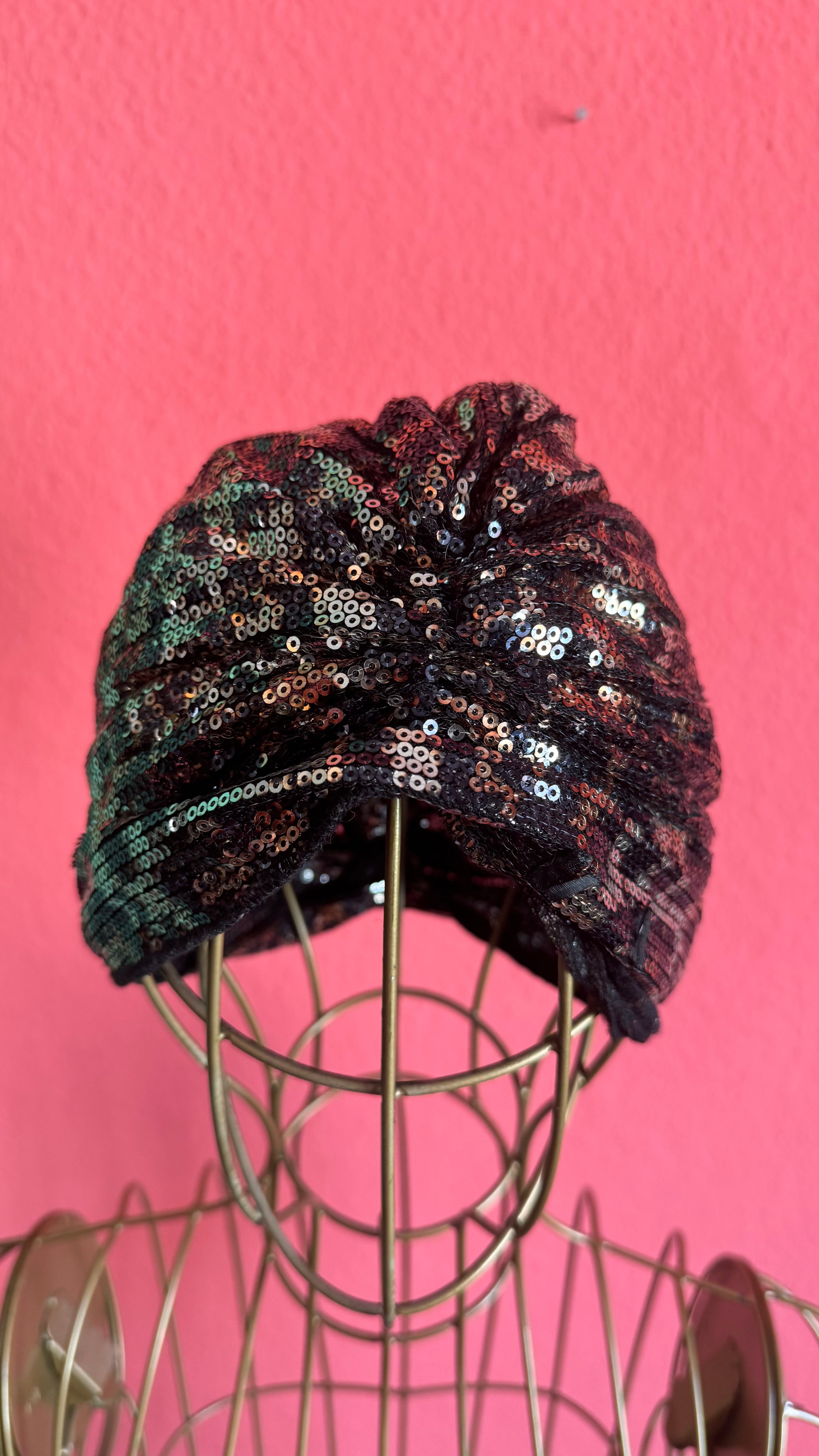 1920s Inspired Black Iridescent Sequin Turban Hat
