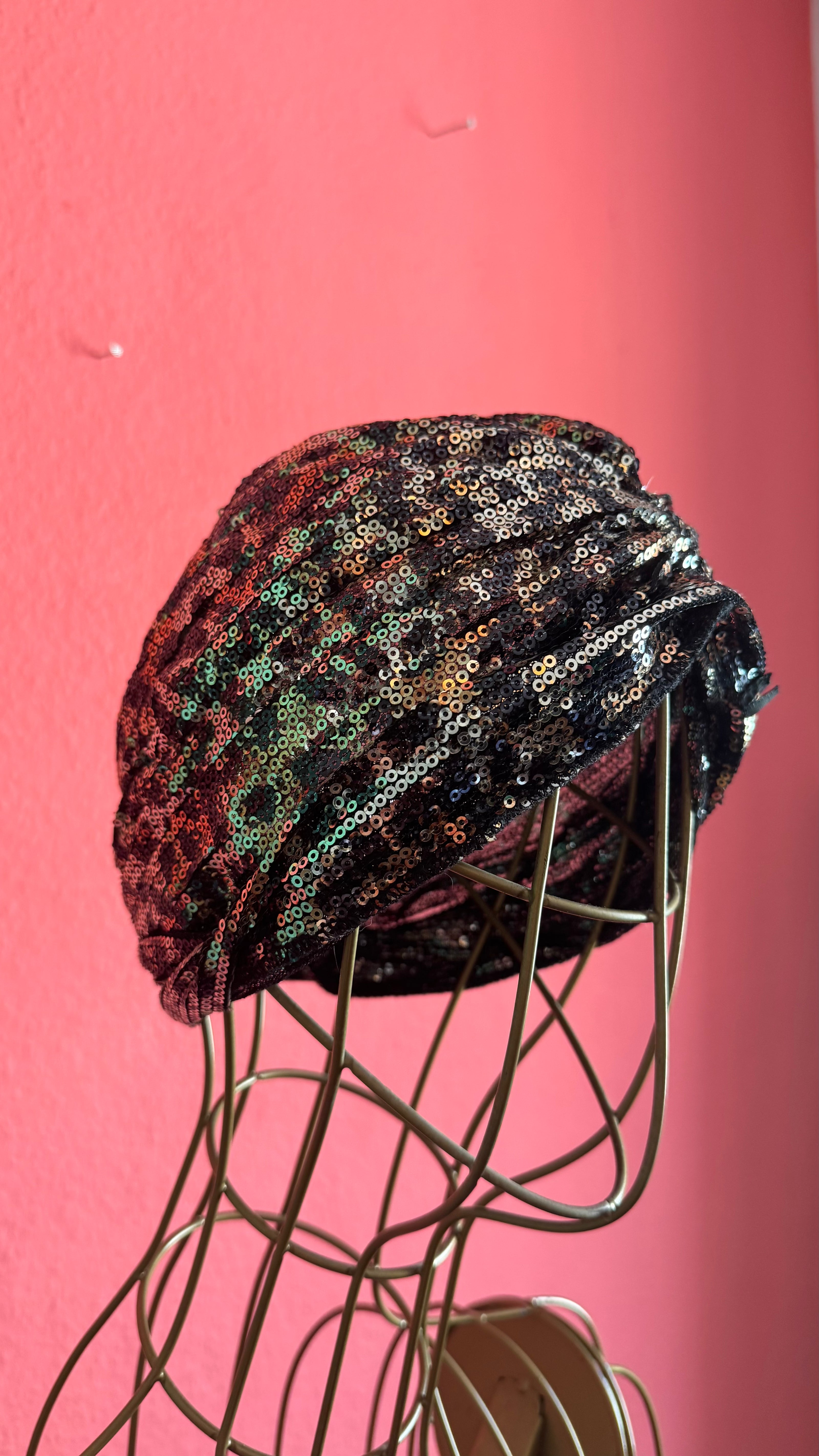 1920s Inspired Black Iridescent Sequin Turban Hat
