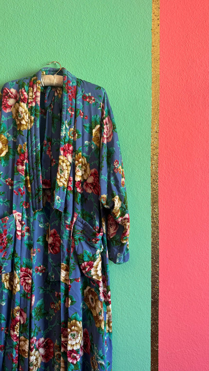 Vintage 1950s Floral Blue Synthetic Kimono Robe