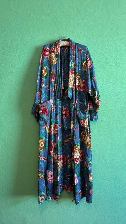 Vintage 1950s Floral Blue Synthetic Kimono Robe