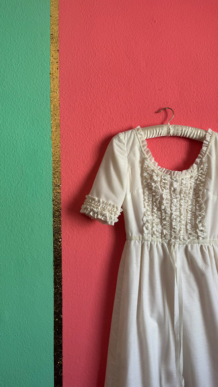 Vintage 1970s Ivory Polka Dot Ruffle Prairie Maxi Dress