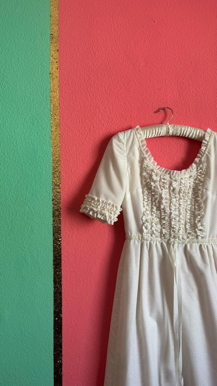 Vintage 1970s Ivory Polka Dot Ruffle Prairie Maxi Dress