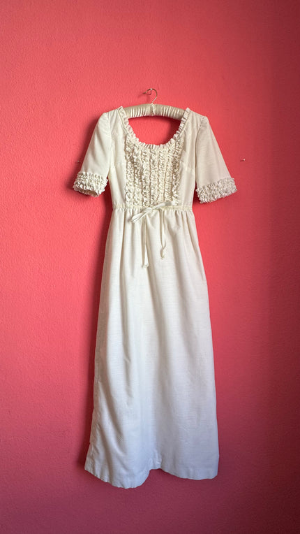 Vintage 1970s Ivory Polka Dot Ruffle Prairie Maxi Dress