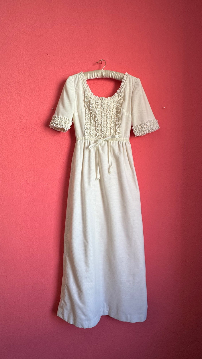 Vintage 1970s Ivory Polka Dot Ruffle Prairie Maxi Dress