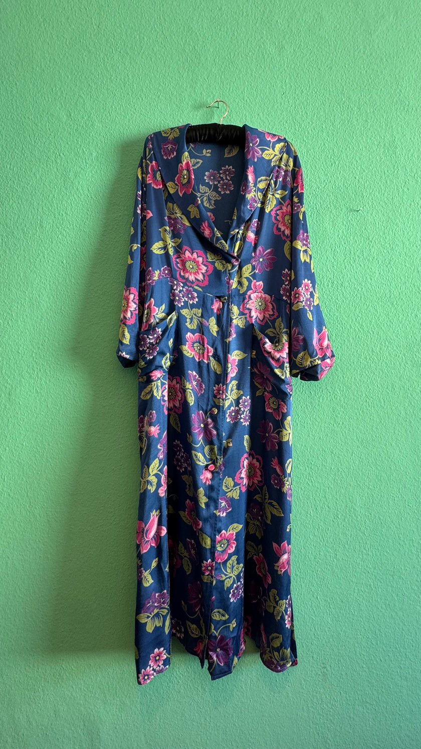 Vintage 1970s Blue Floral Synthetic Robe Dress