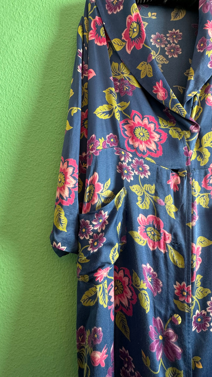 Vintage 1970s Blue Floral Synthetic Robe Dress