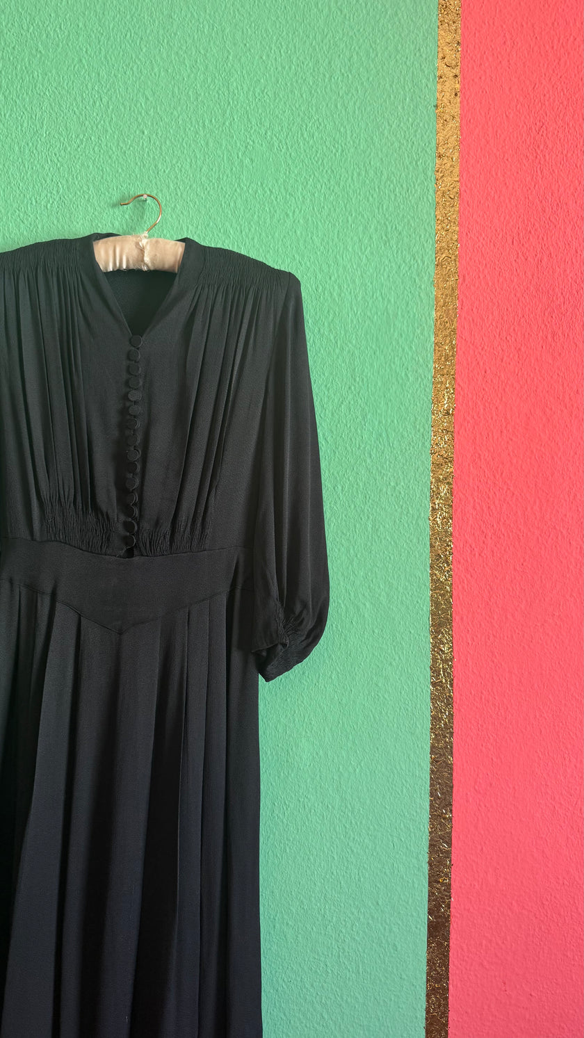 Vintage 1940s Black Rayon Button Front Evening Dress