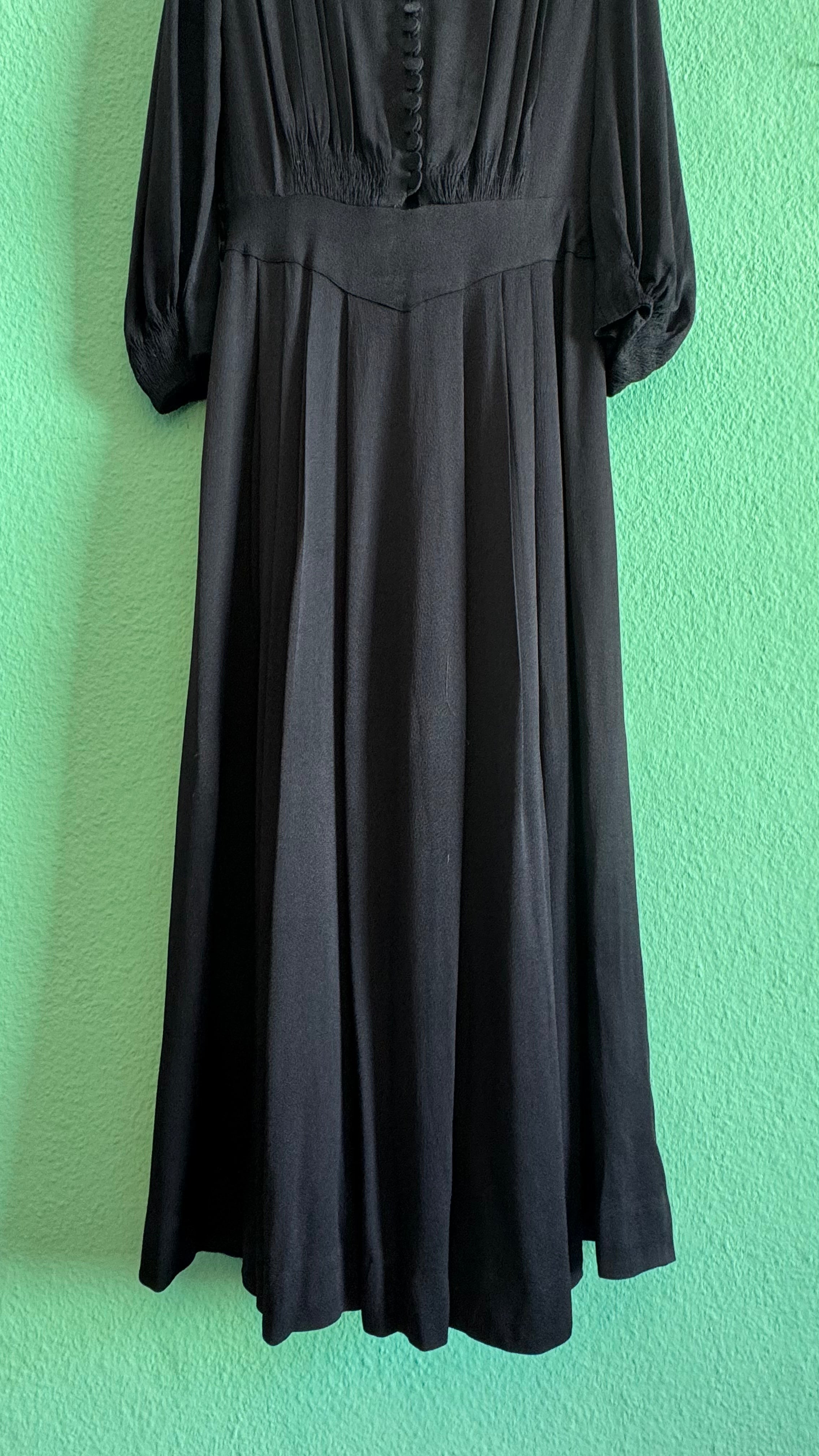 Vintage 1940s Black Rayon Button Front Evening Dress