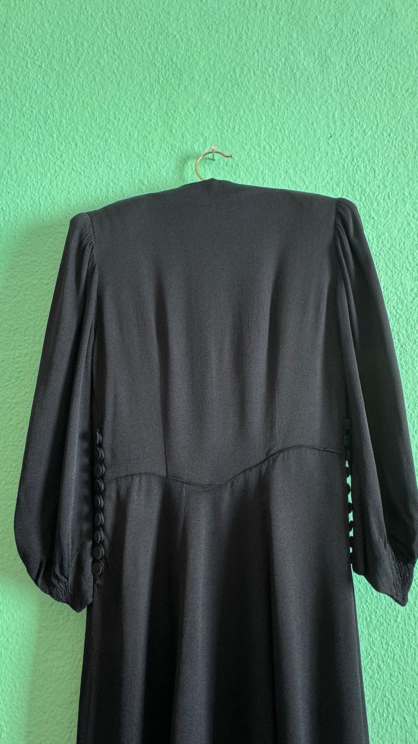 Vintage 1940s Black Rayon Button Front Evening Dress
