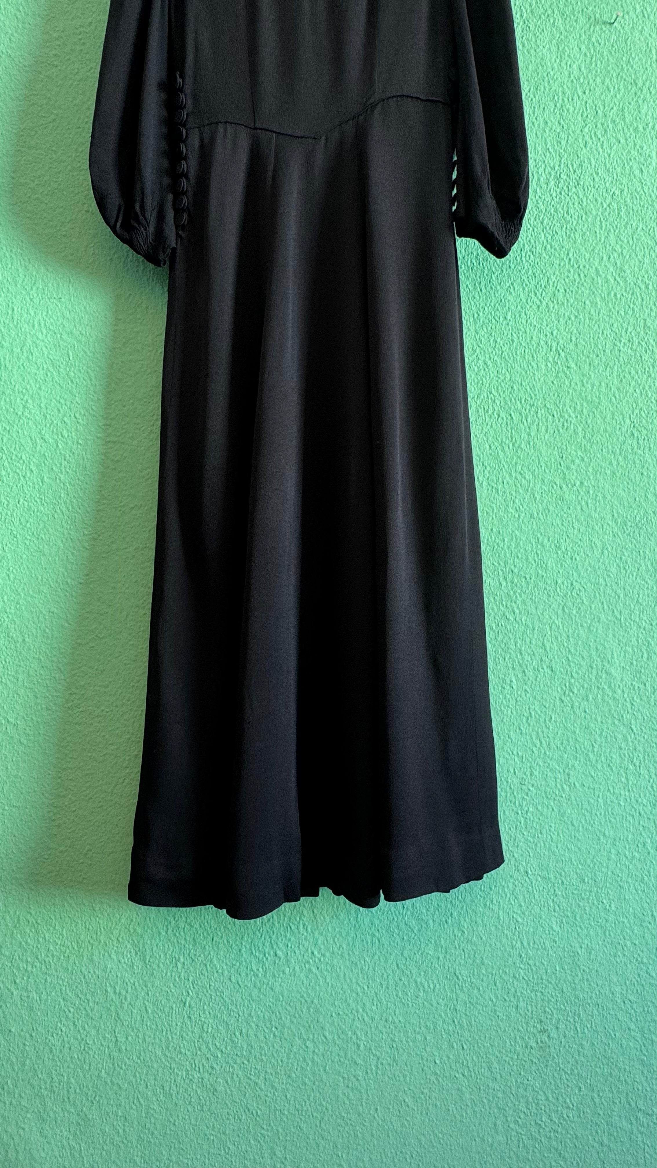 Vintage 1940s Black Rayon Button Front Evening Dress