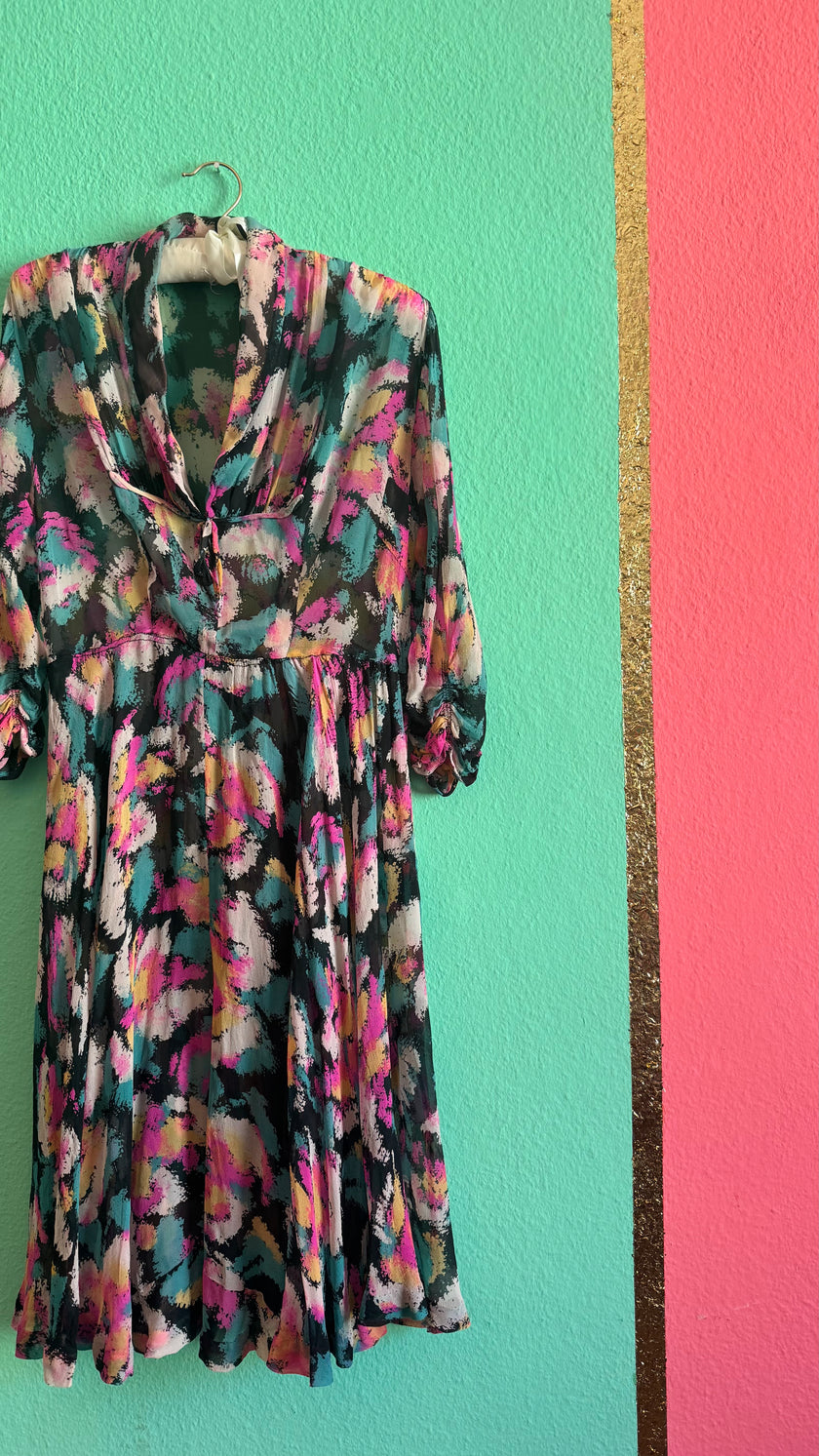 Vintage 1980s Abstract Floral Draped Midi Dress