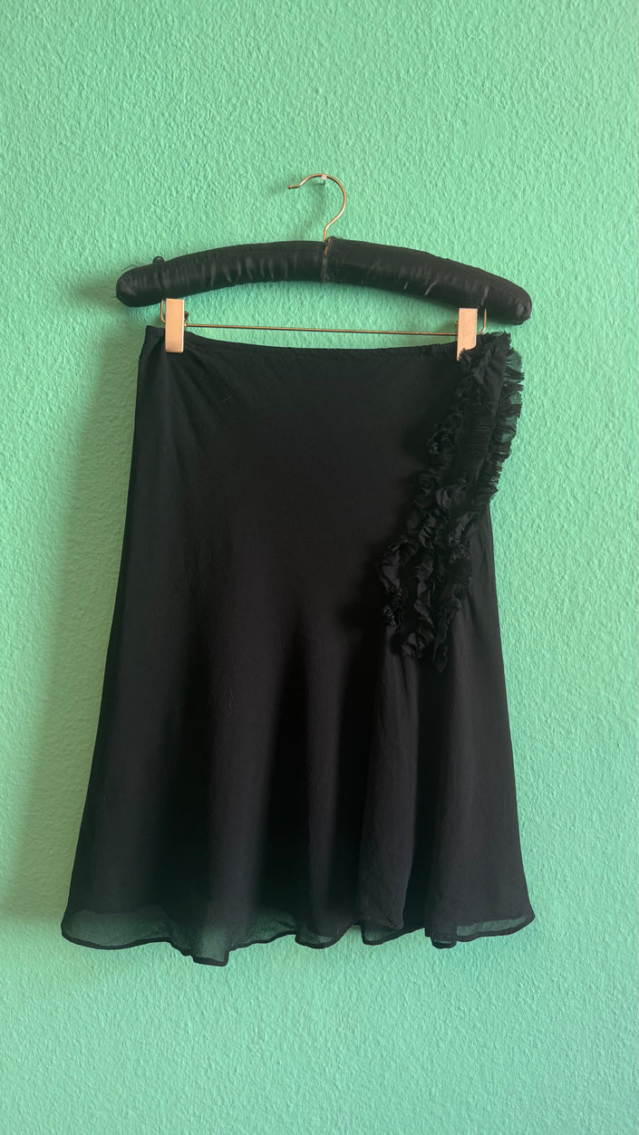Vintage 1990s Black Stretch Rayon Ruffle Skirt