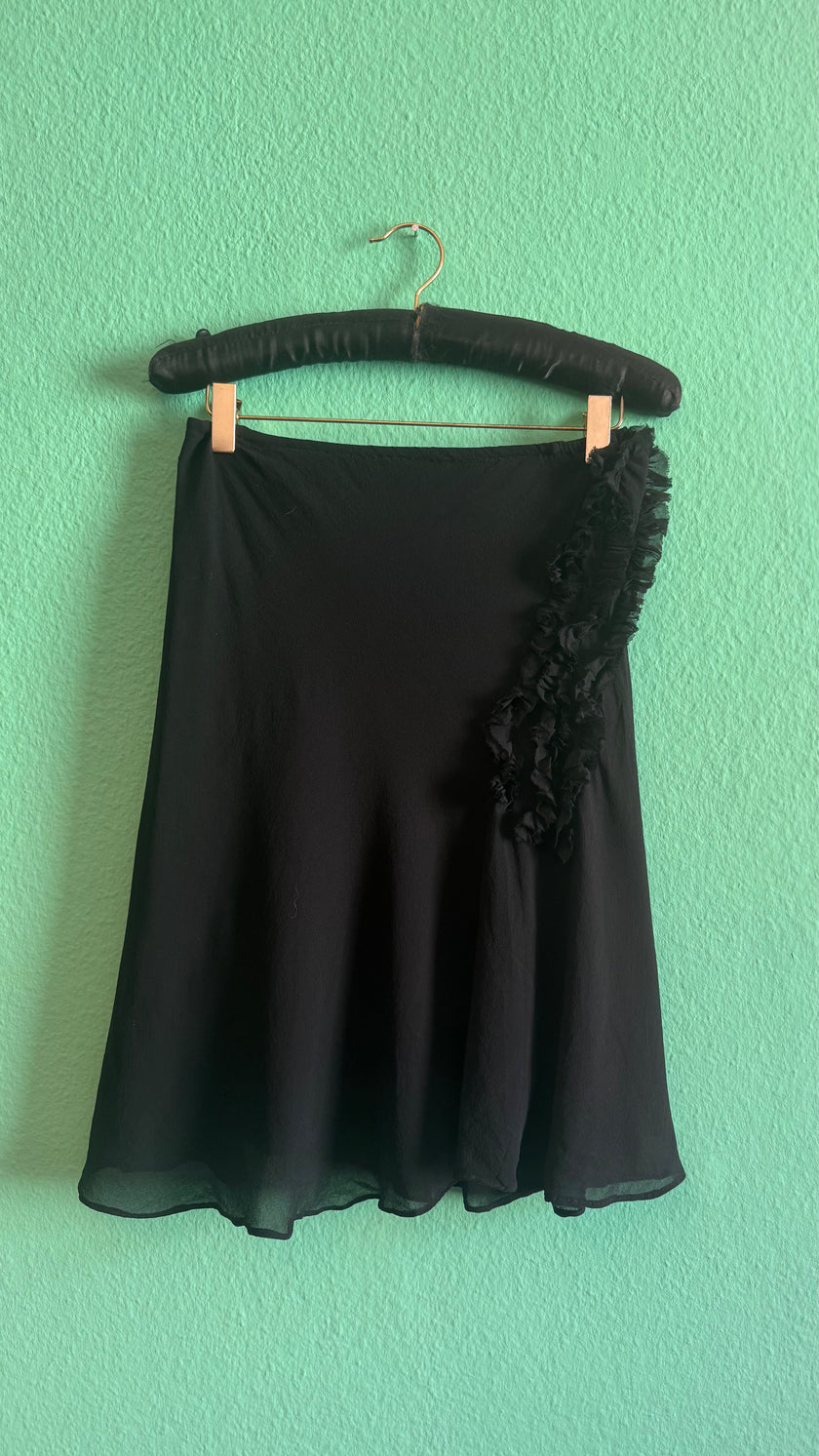 Vintage 1990s Black Stretch Rayon Ruffle Skirt