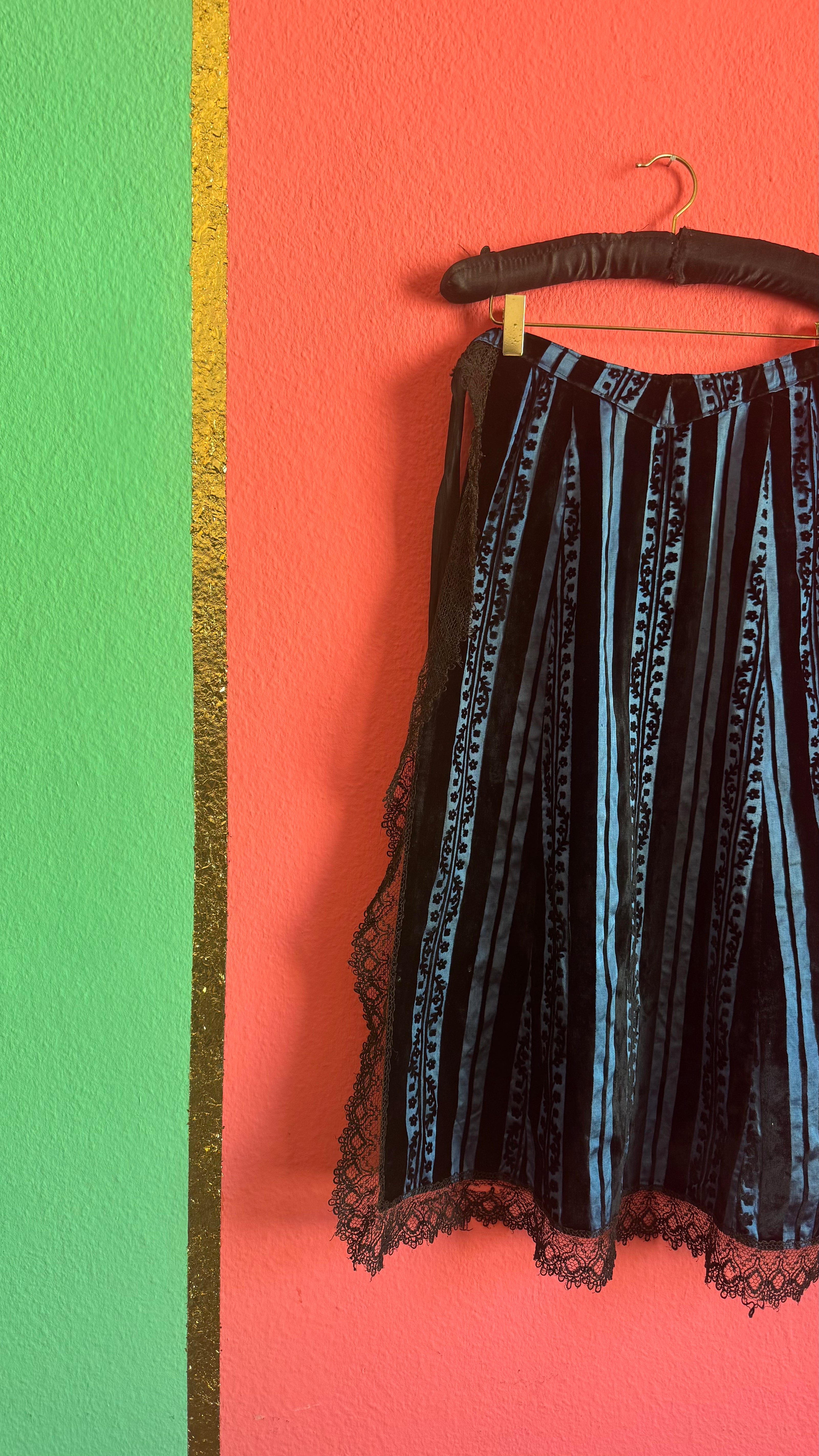 Vintage 1940s Black And Blue Striped Lace Apron