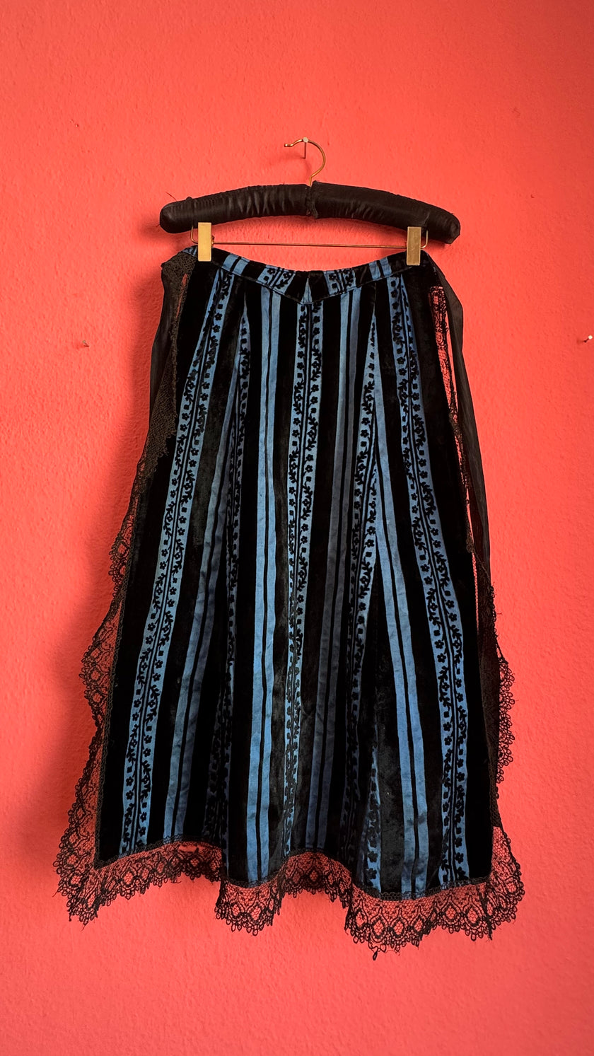 Vintage 1940s Black And Blue Striped Lace Apron