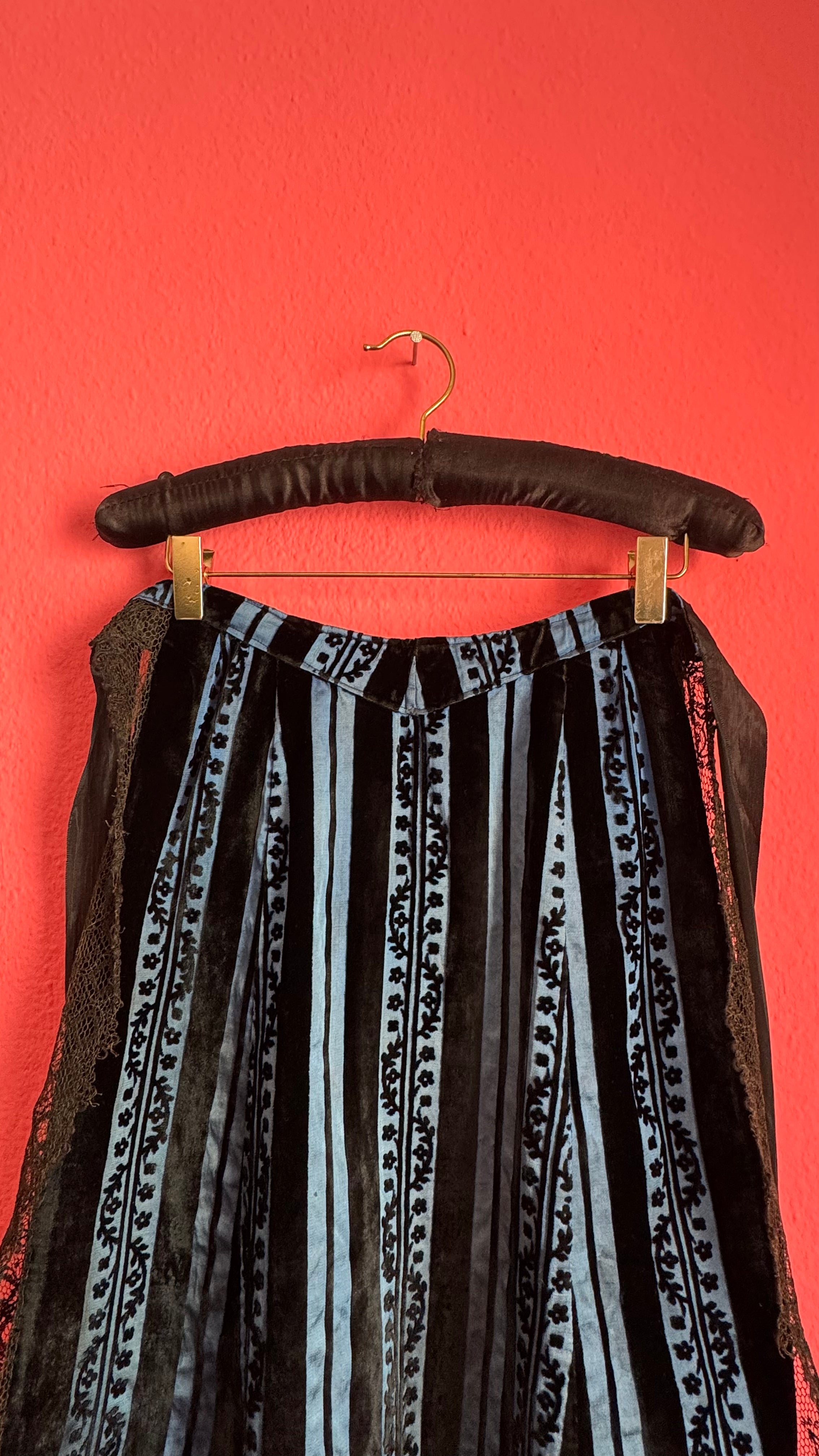 Vintage 1940s Black And Blue Striped Lace Apron