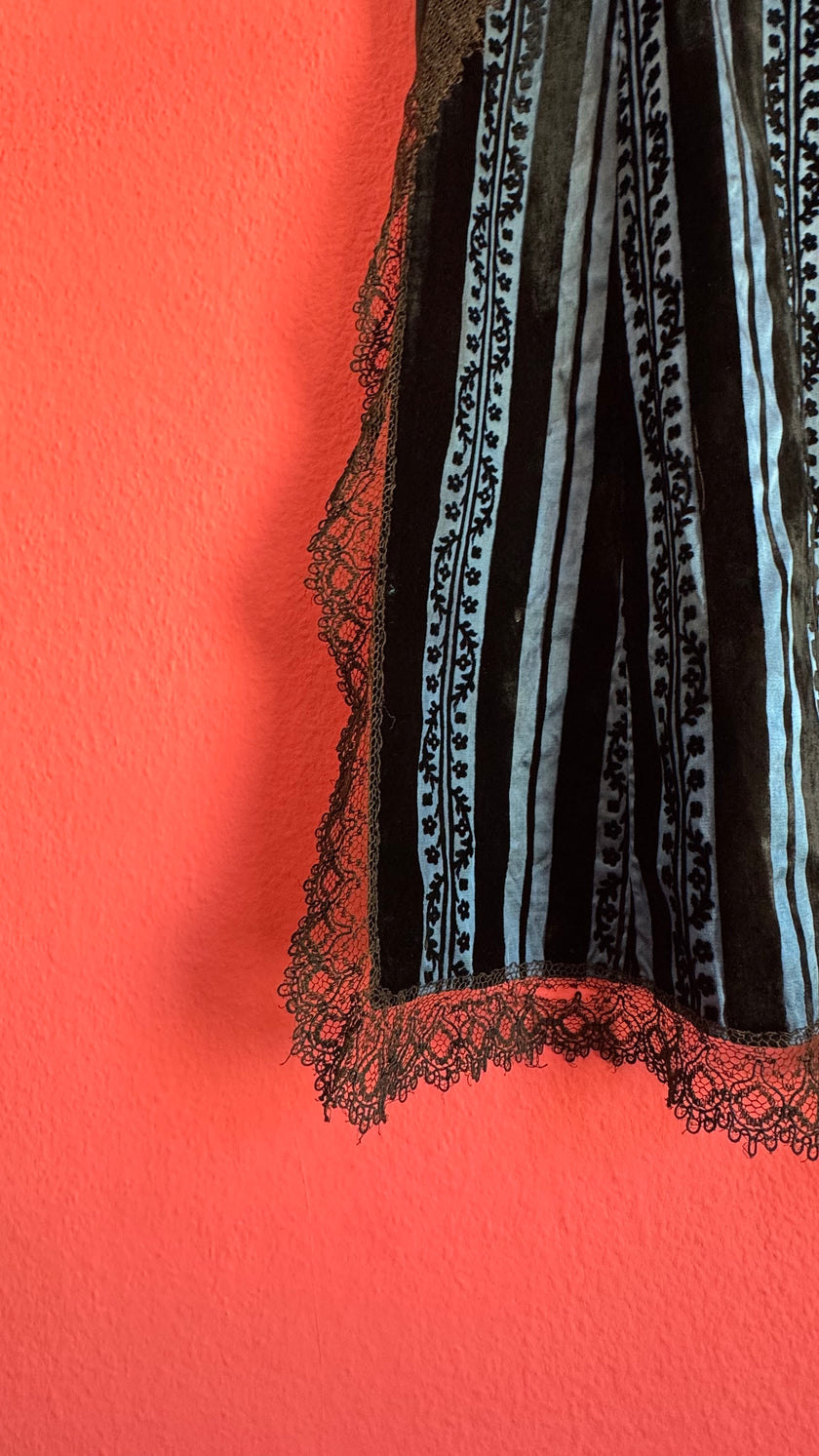 Vintage 1940s Black And Blue Striped Lace Apron