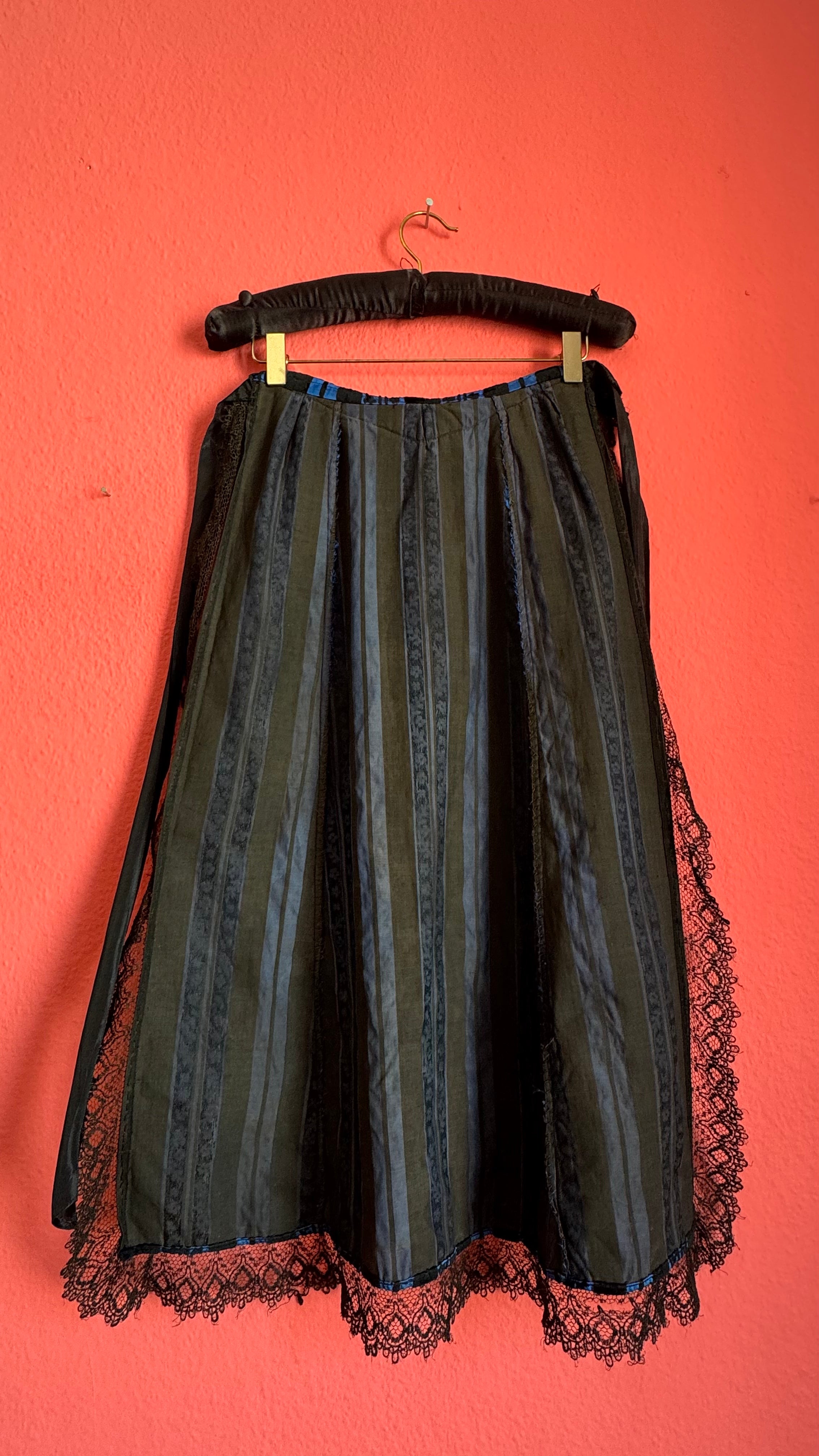 Vintage 1940s Black And Blue Striped Lace Apron