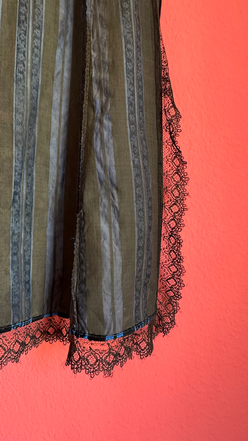 Vintage 1940s Black And Blue Striped Lace Apron