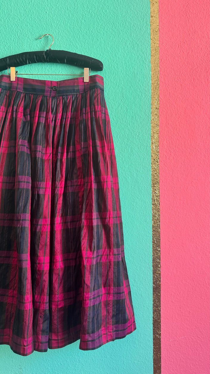 Vintage 1980s Pink And Black Plaid Synthetic Midi Skirt