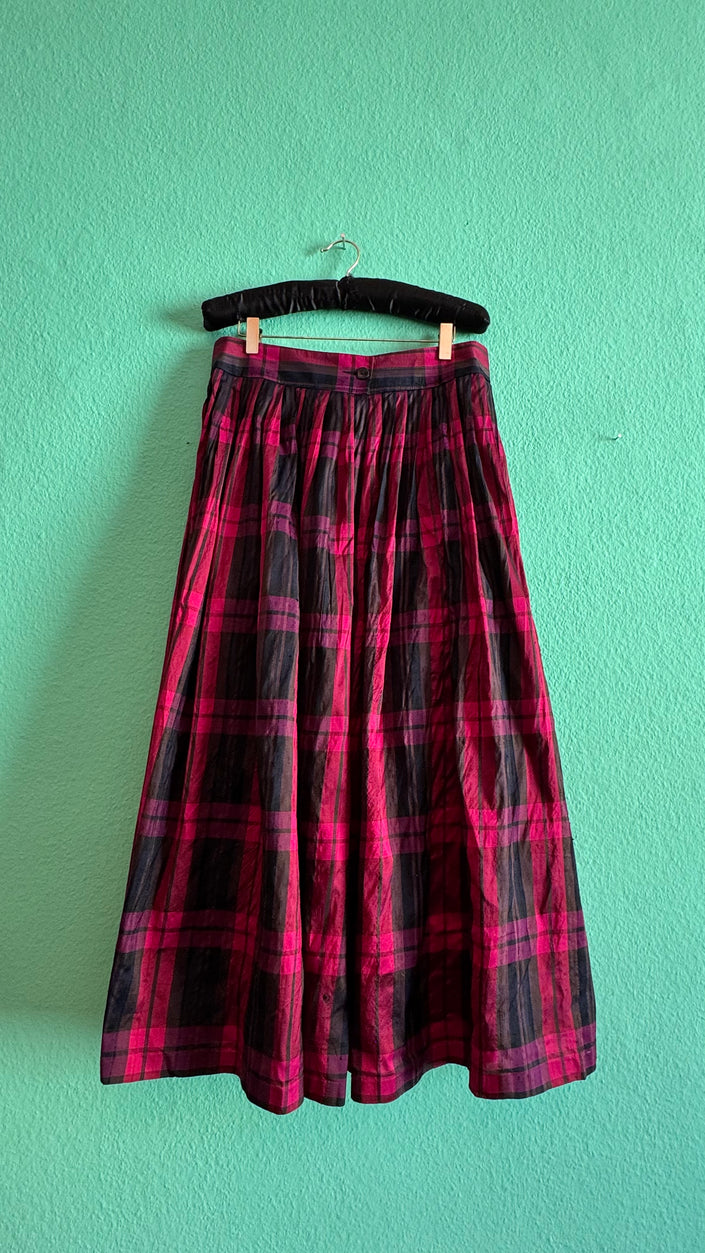 Vintage 1980s Pink And Black Plaid Synthetic Midi Skirt