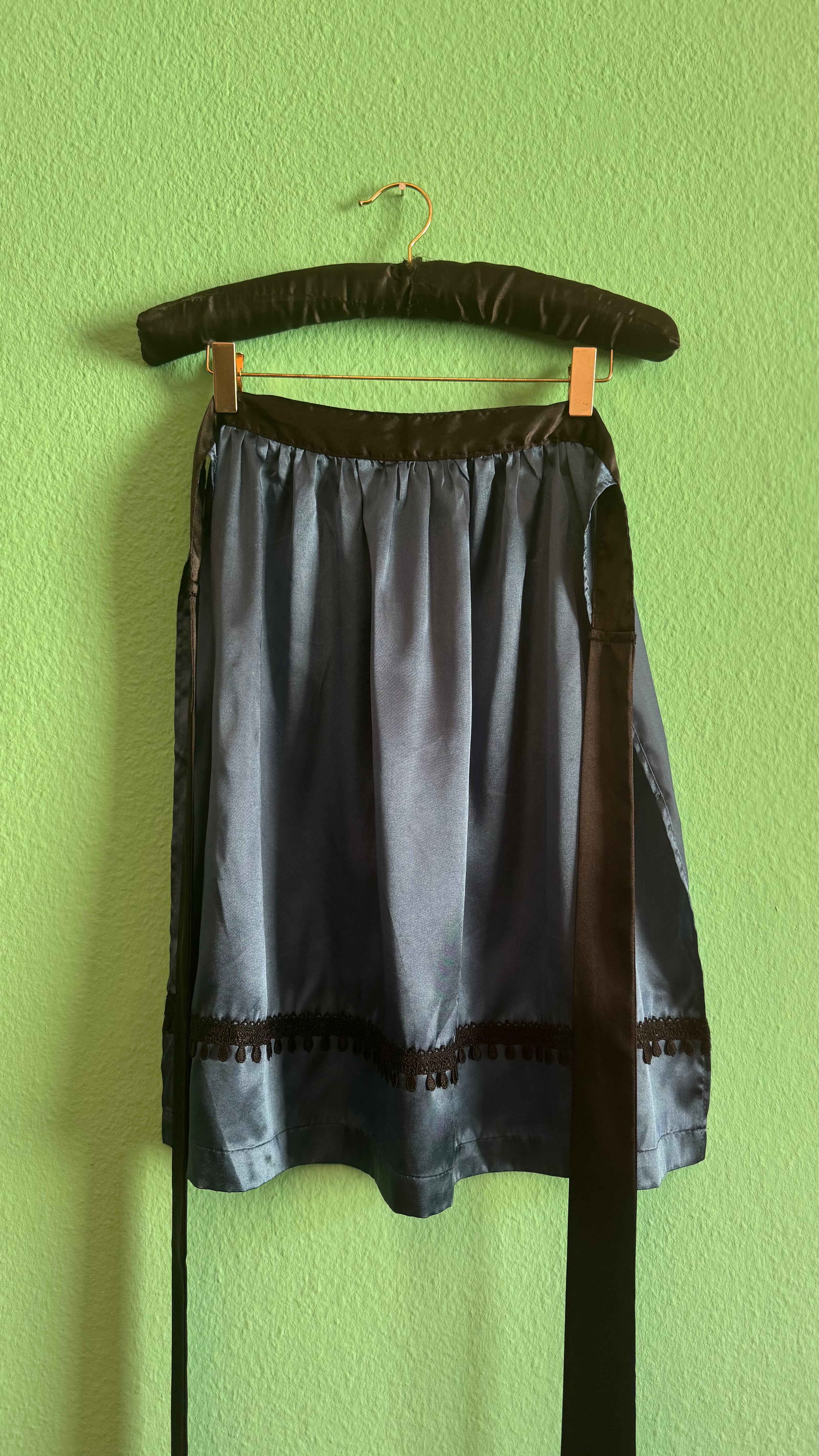Vintage 1930s Blue Silk Half Apron With Black Trim