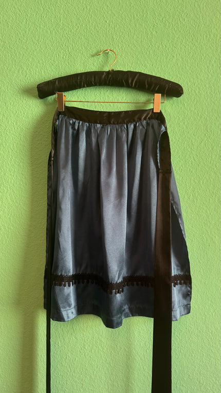 Vintage 1930s Blue Silk Half Apron With Black Trim