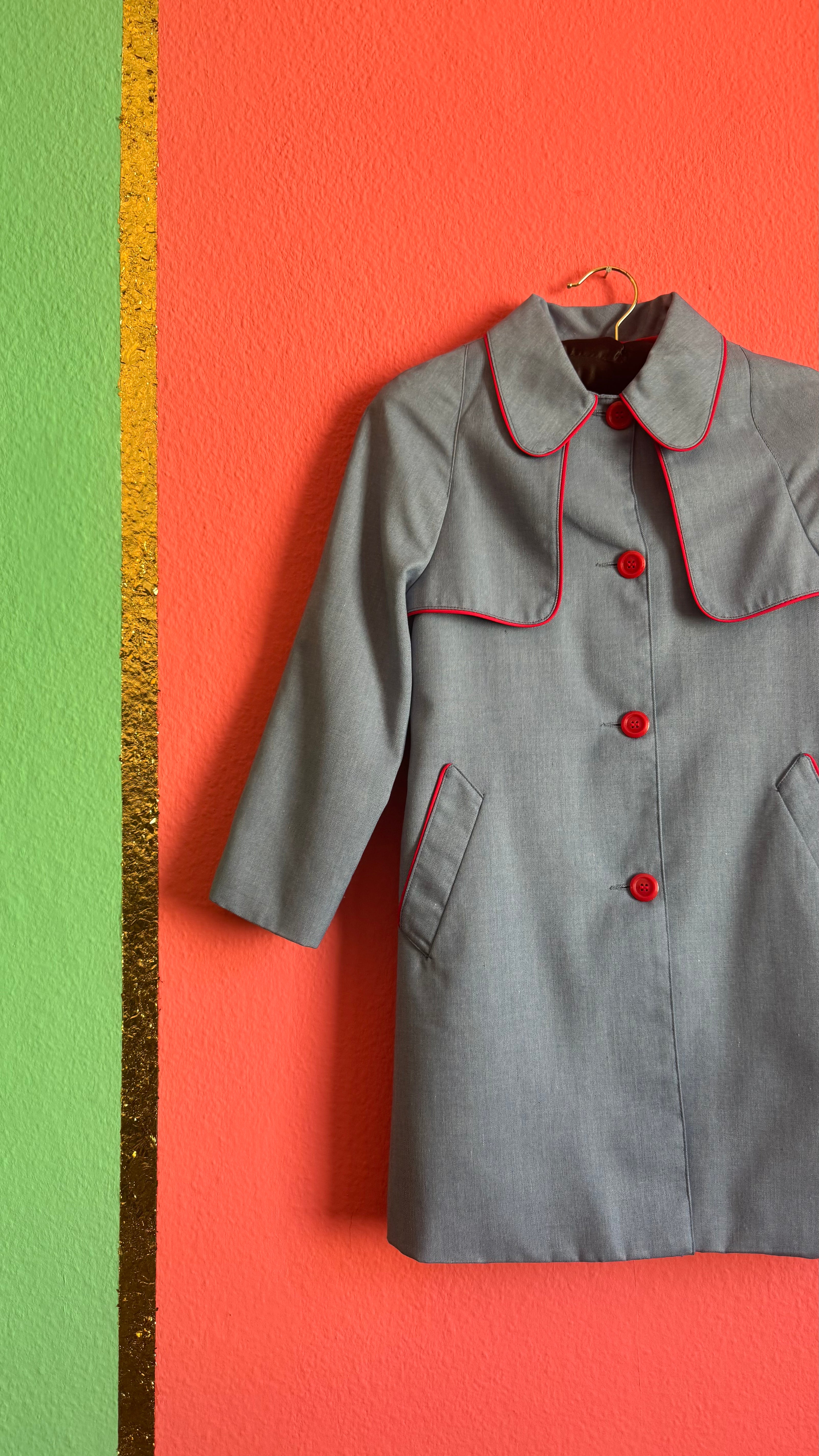 Vintage 1960s Blue Girls’ 10 Years Old Coat With Red Piping By Rainett Paris