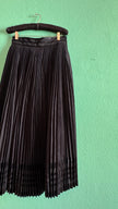Vintage 1980s Black Pleated Midi Skirt With Velvet Trim