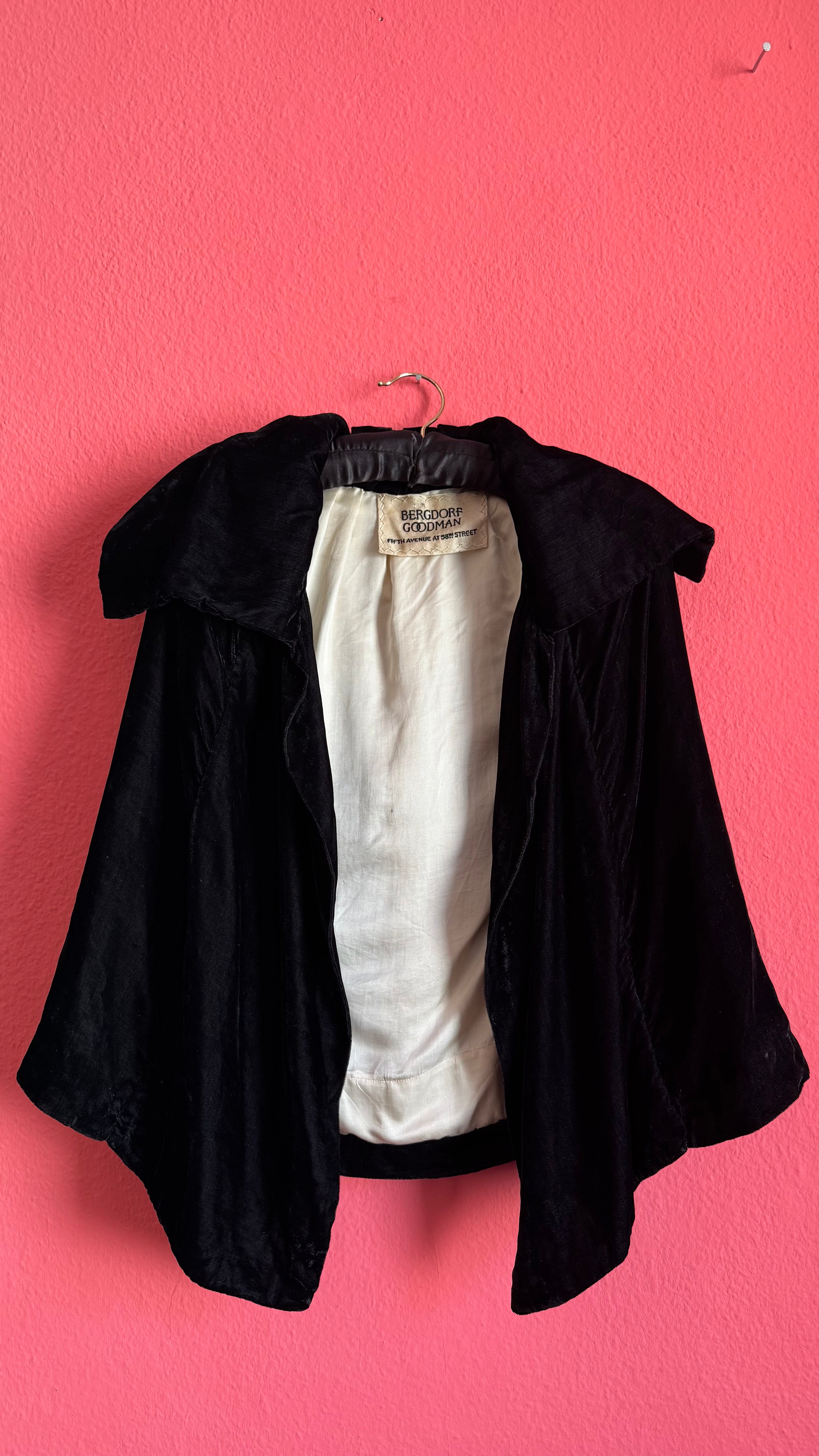 Vintage 1930s Black Velvet Cape Coat By Bergdorf Goodman