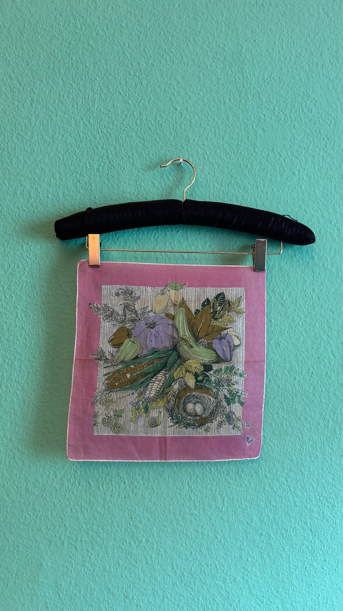 Vintage Estimated 1970s Botanical Print Pink Foulard
