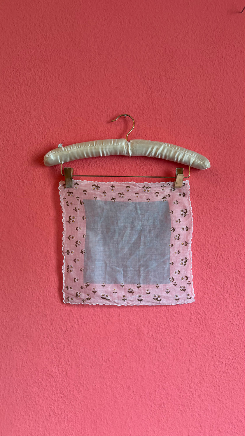 Vintage Estimated 1950s Daisy Print Pink Handkerchief Foulard