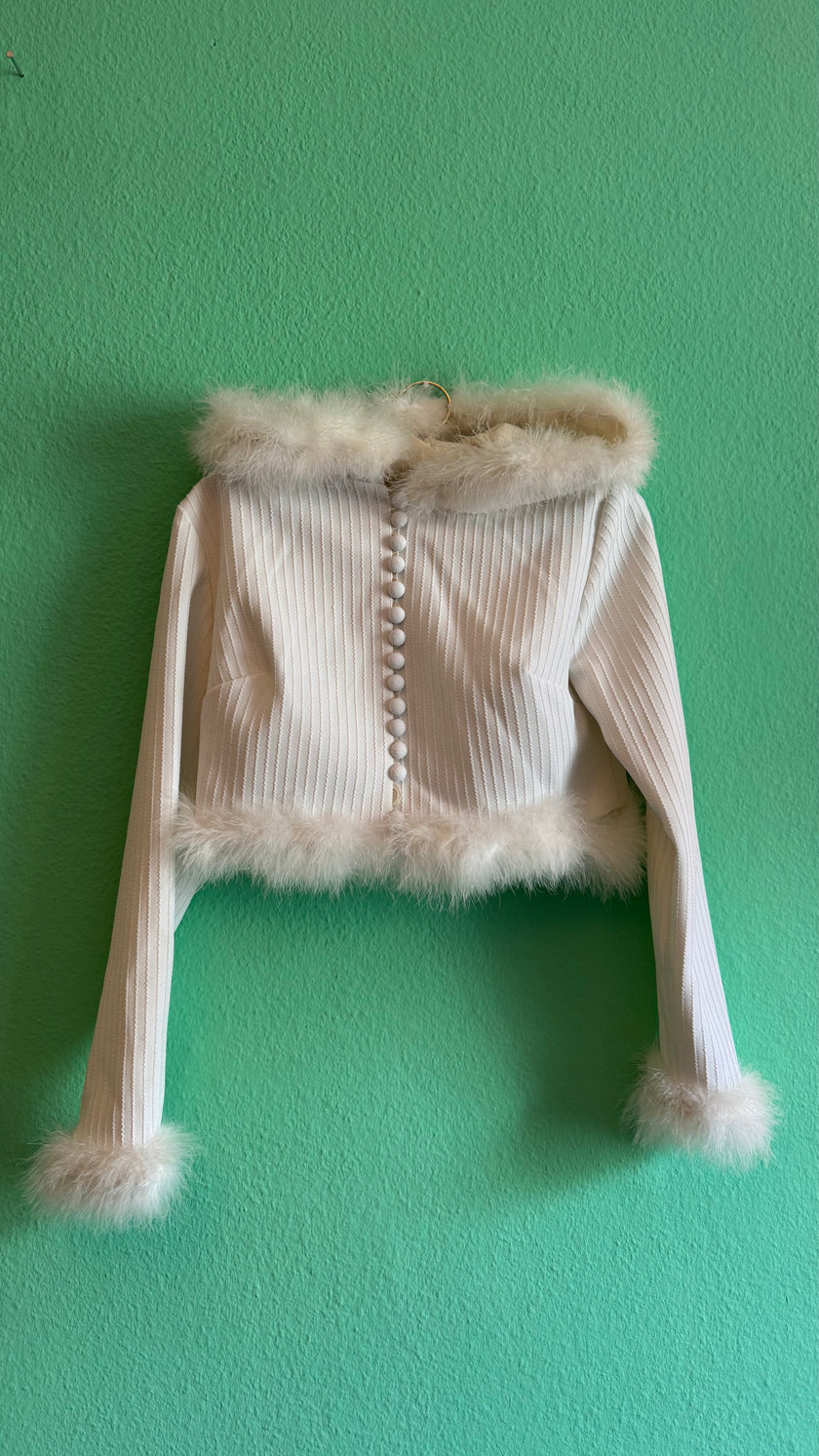 Vintage 1990s Ivory Ribbed Jacket With Feather Trim