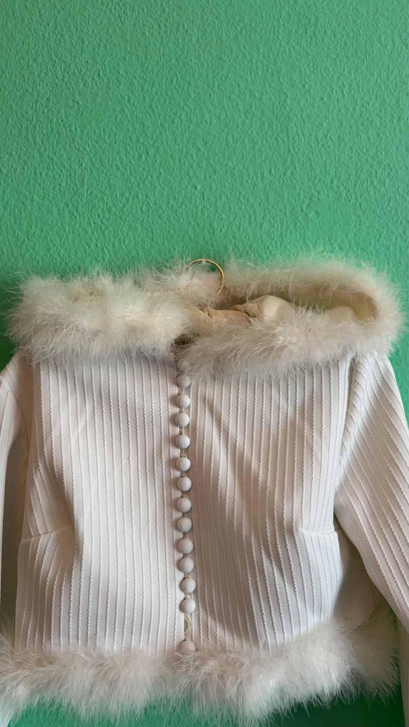 Vintage 1990s Ivory Ribbed Jacket With Feather Trim
