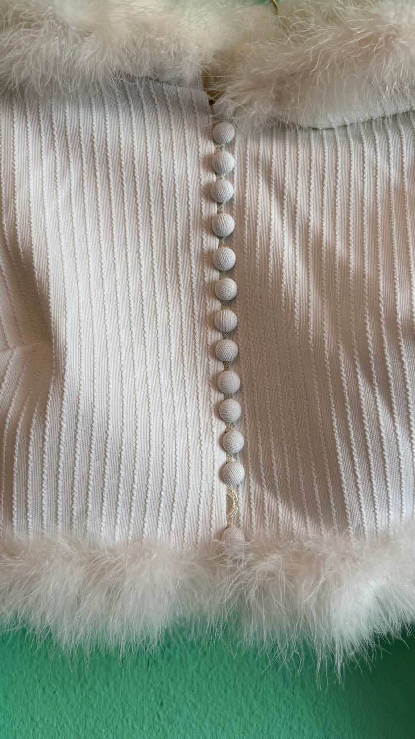 Vintage 1990s Ivory Ribbed Jacket With Feather Trim
