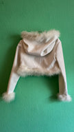 Vintage 1990s Ivory Ribbed Jacket With Feather Trim