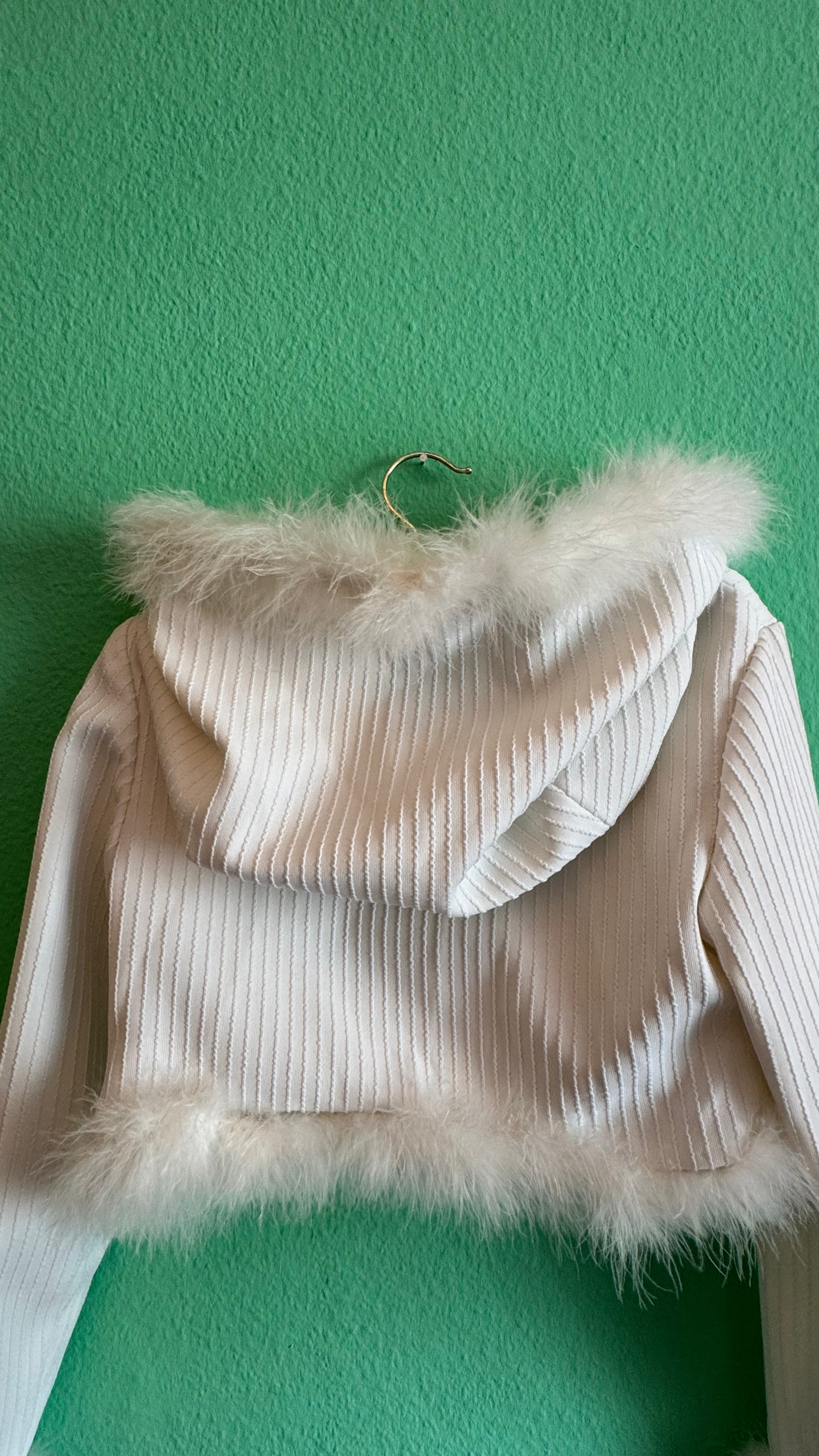 Vintage 1990s Ivory Ribbed Jacket With Feather Trim