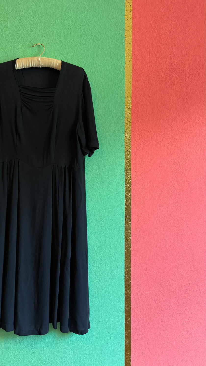 Vintage 1940s Black Rayon Day Dress