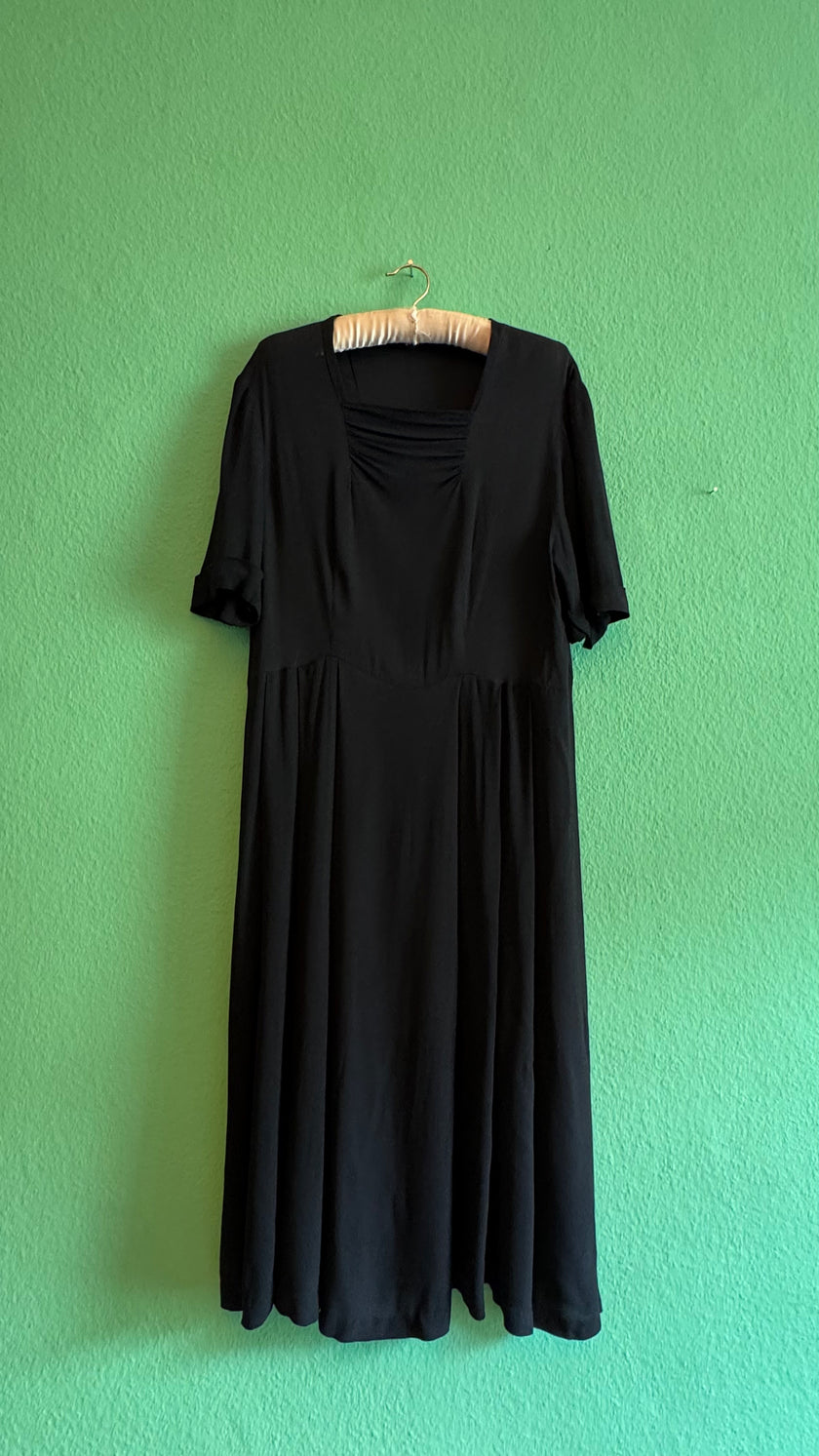 Vintage 1940s Black Rayon Day Dress