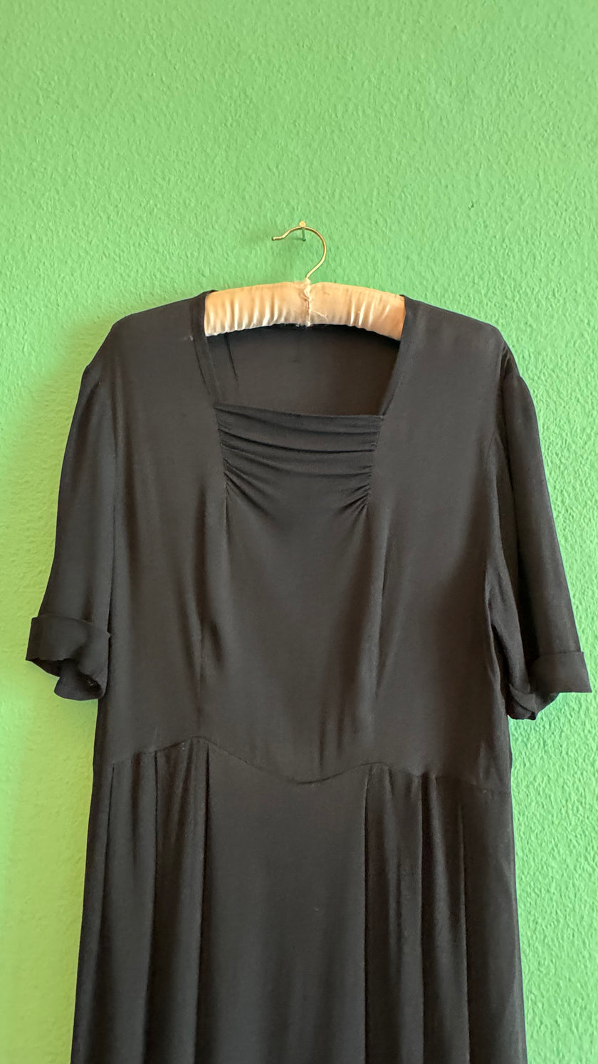 Vintage 1940s Black Rayon Day Dress