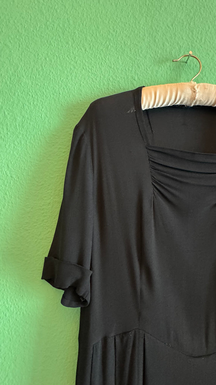 Vintage 1940s Black Rayon Day Dress