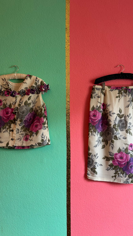 Vintage 1960s Floral Silk Crepe Top And Skirt Set