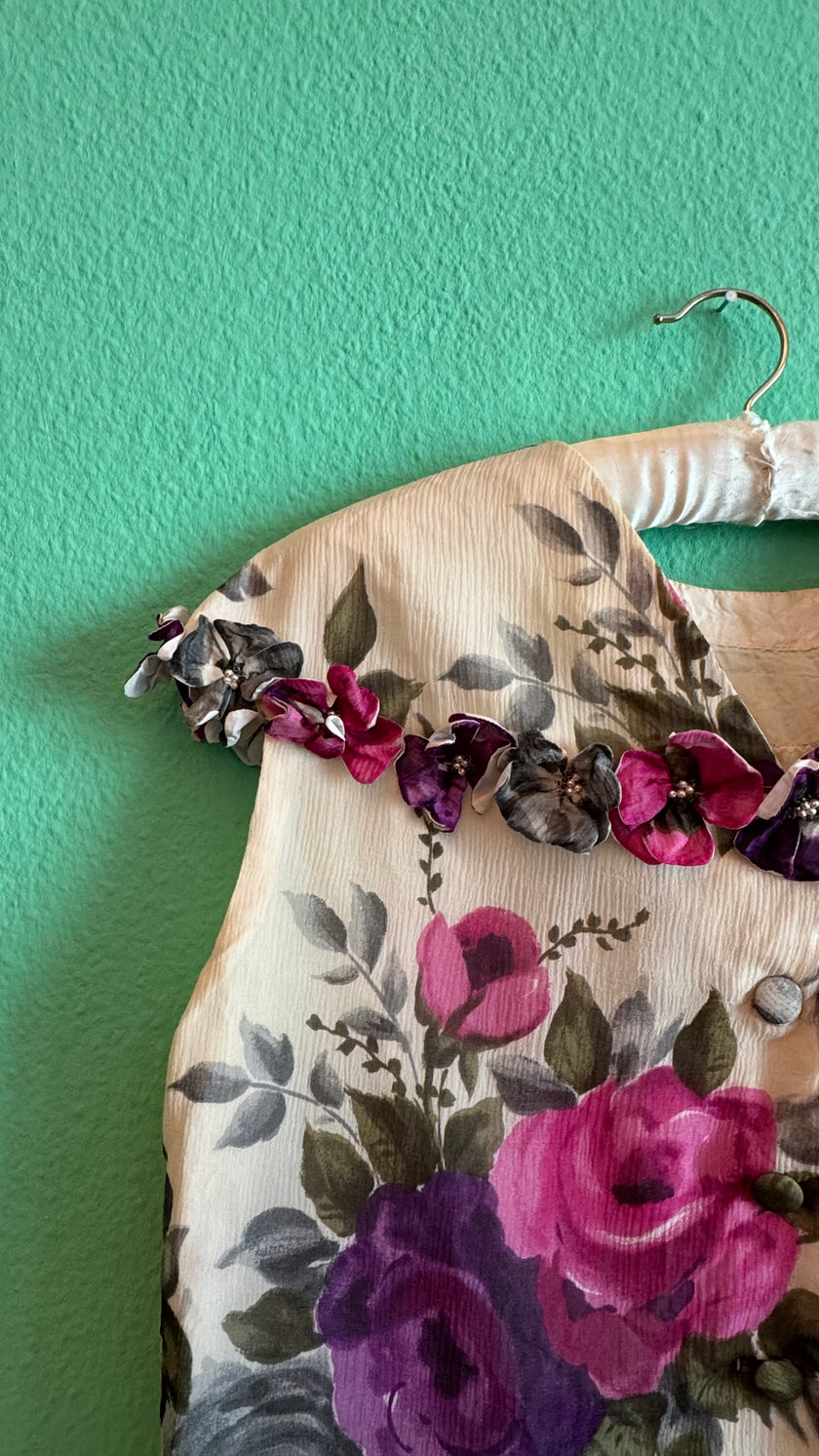 Vintage 1960s Floral Silk Crepe Top And Skirt Set