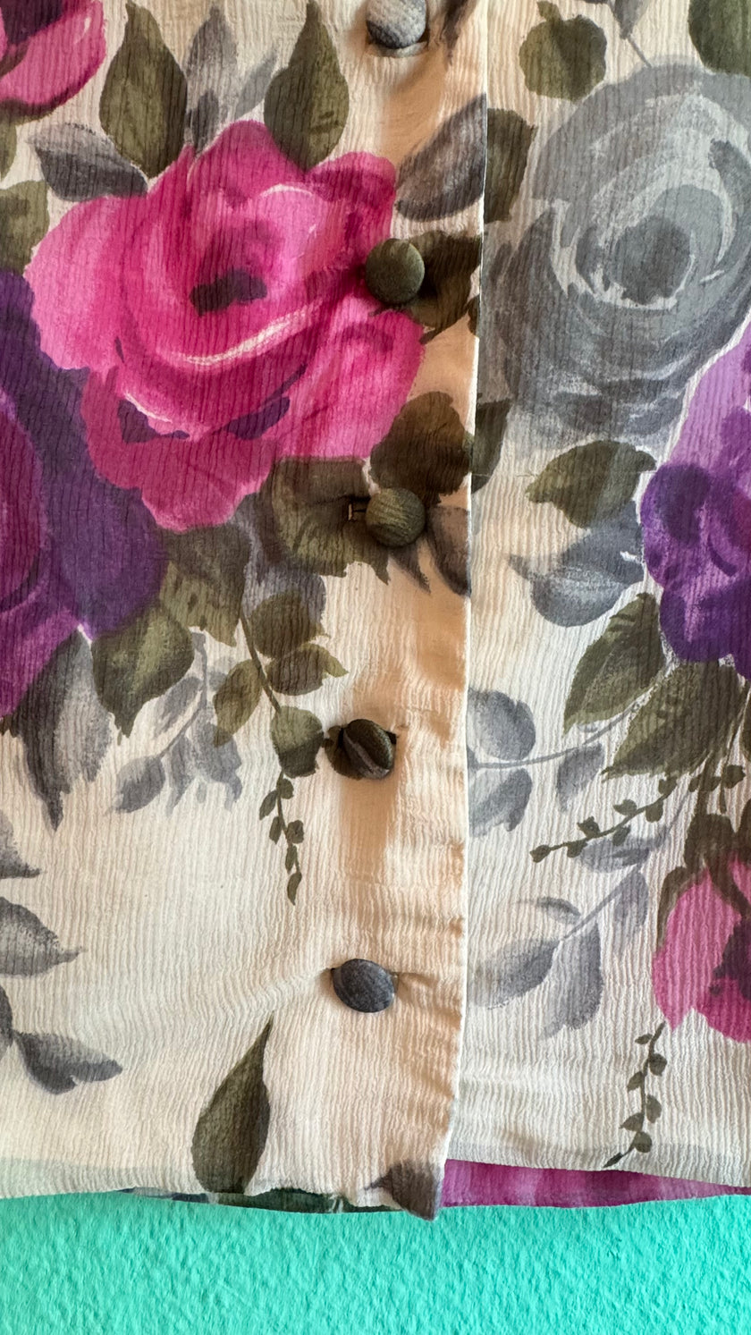 Vintage 1960s Floral Silk Crepe Top And Skirt Set