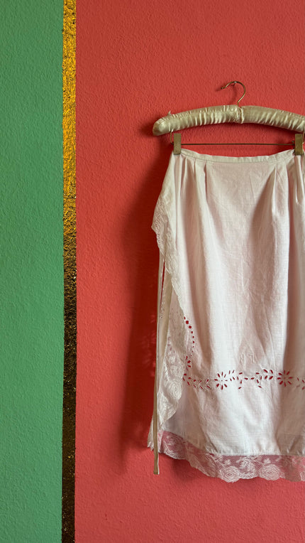 Vintage Early 20th Century White Cotton Embroidered Apron