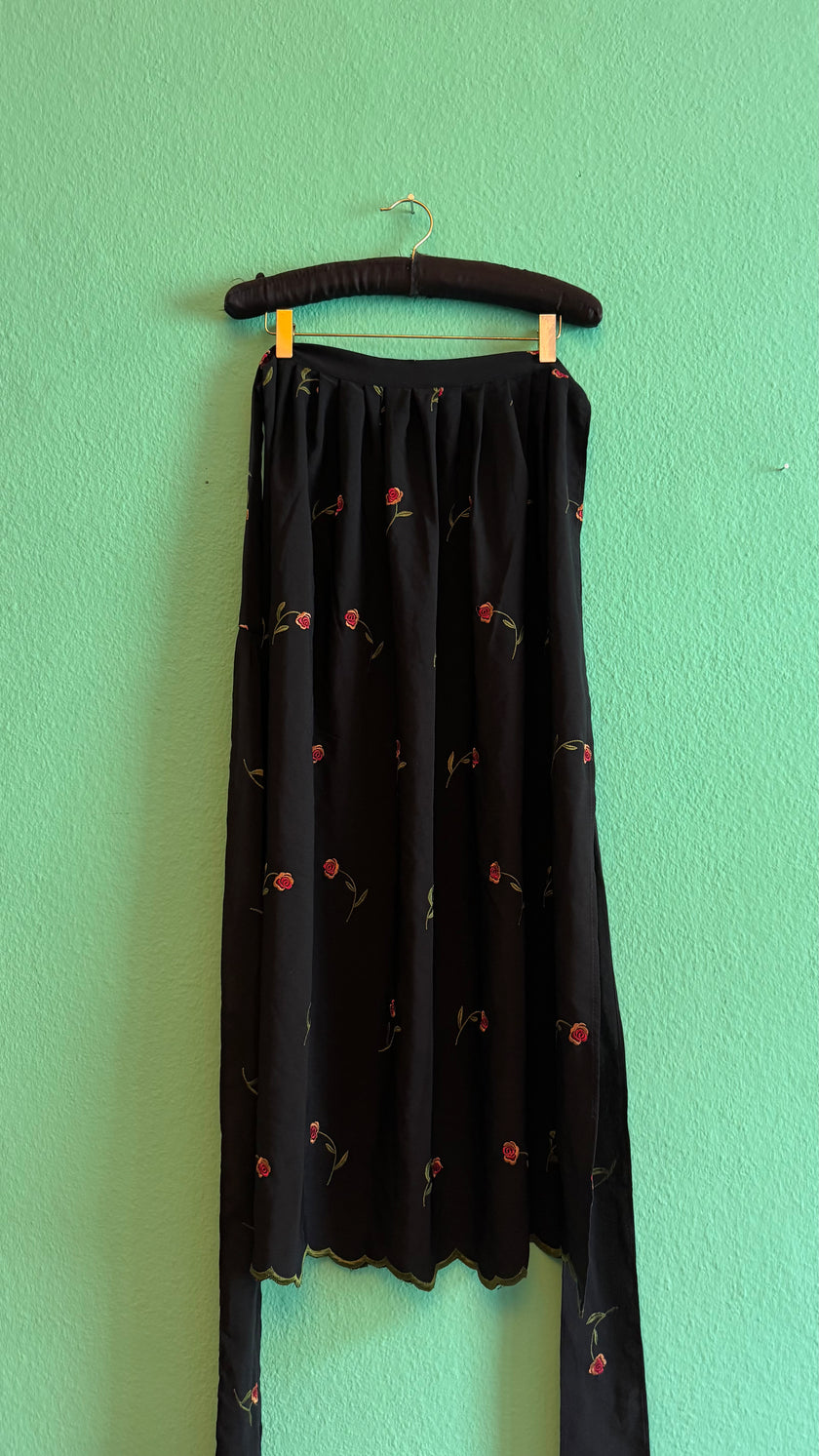Vintage 1980s Black Synthetic Blend Apron With Rose Embroidery