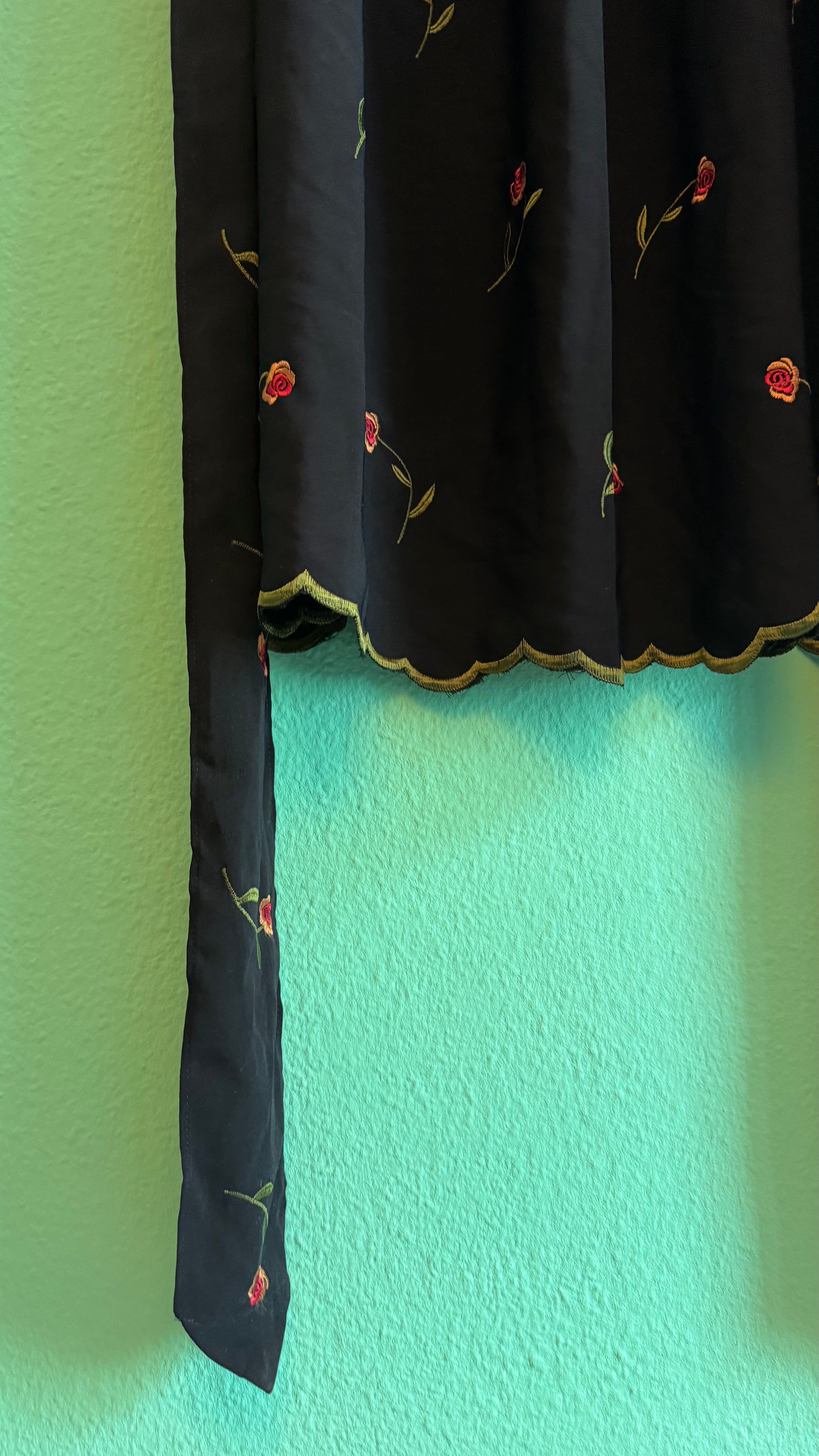 Vintage 1980s Black Synthetic Blend Apron With Rose Embroidery