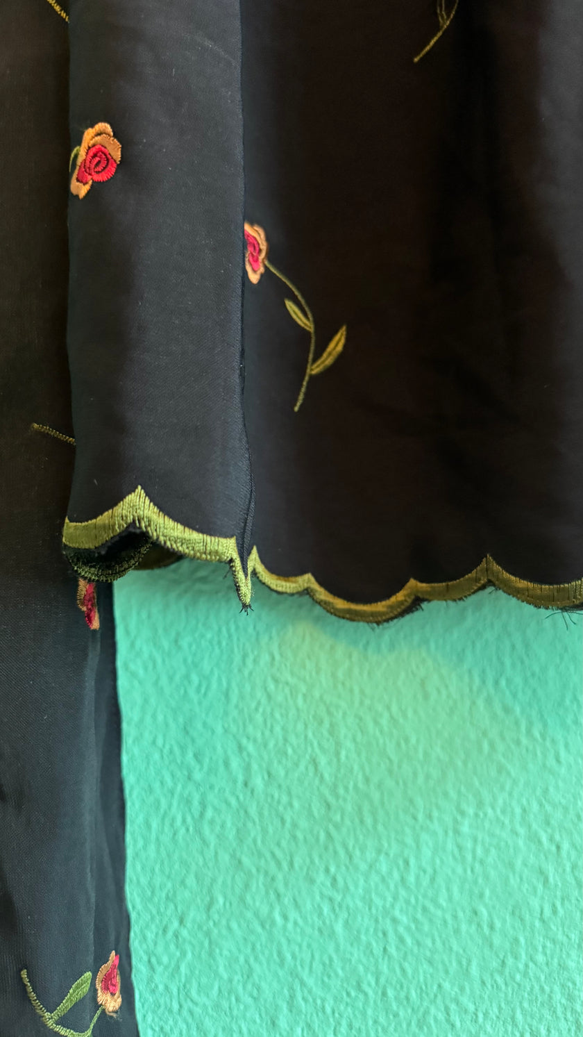 Vintage 1980s Black Synthetic Blend Apron With Rose Embroidery