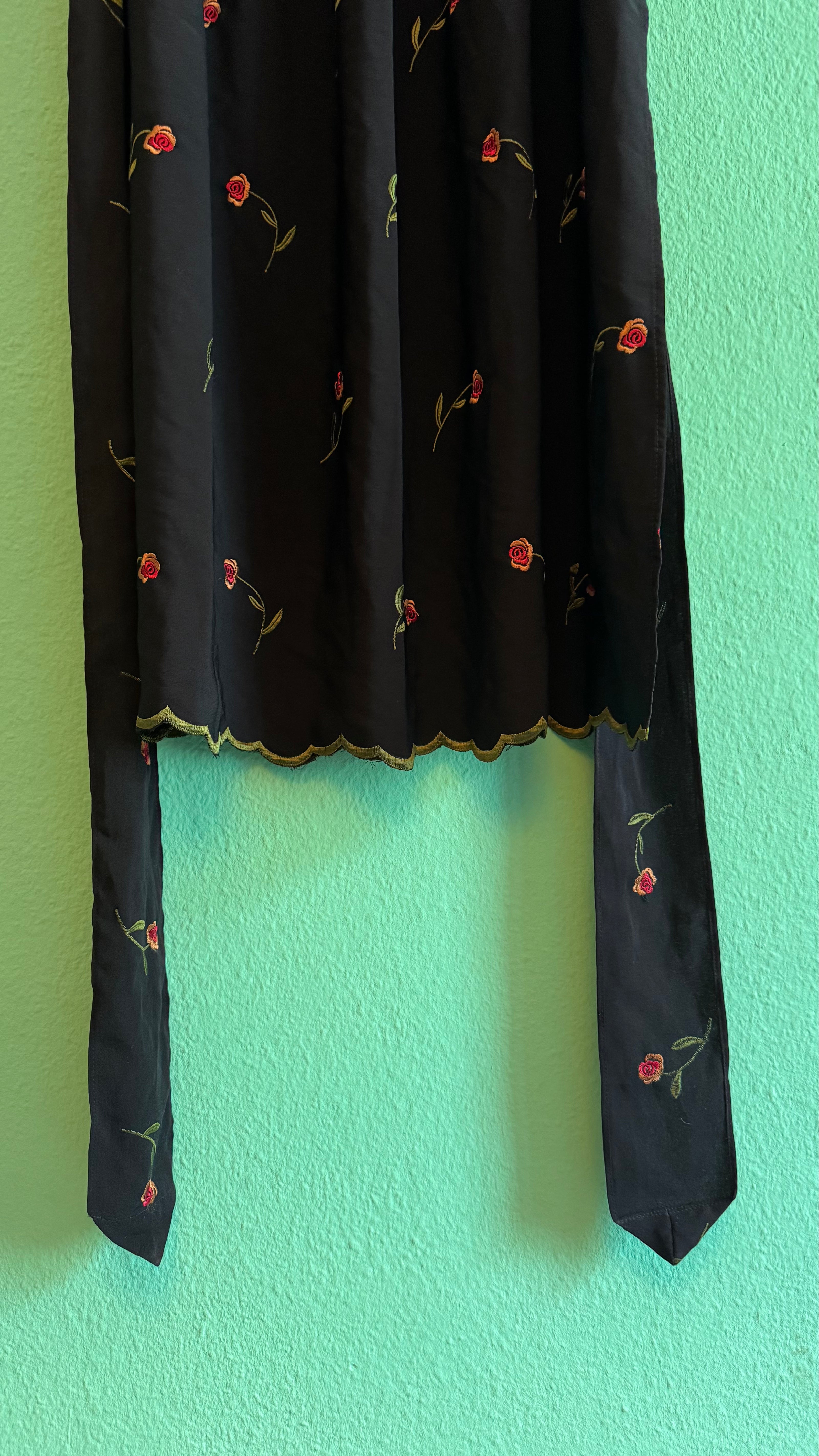 Vintage 1980s Black Synthetic Blend Apron With Rose Embroidery