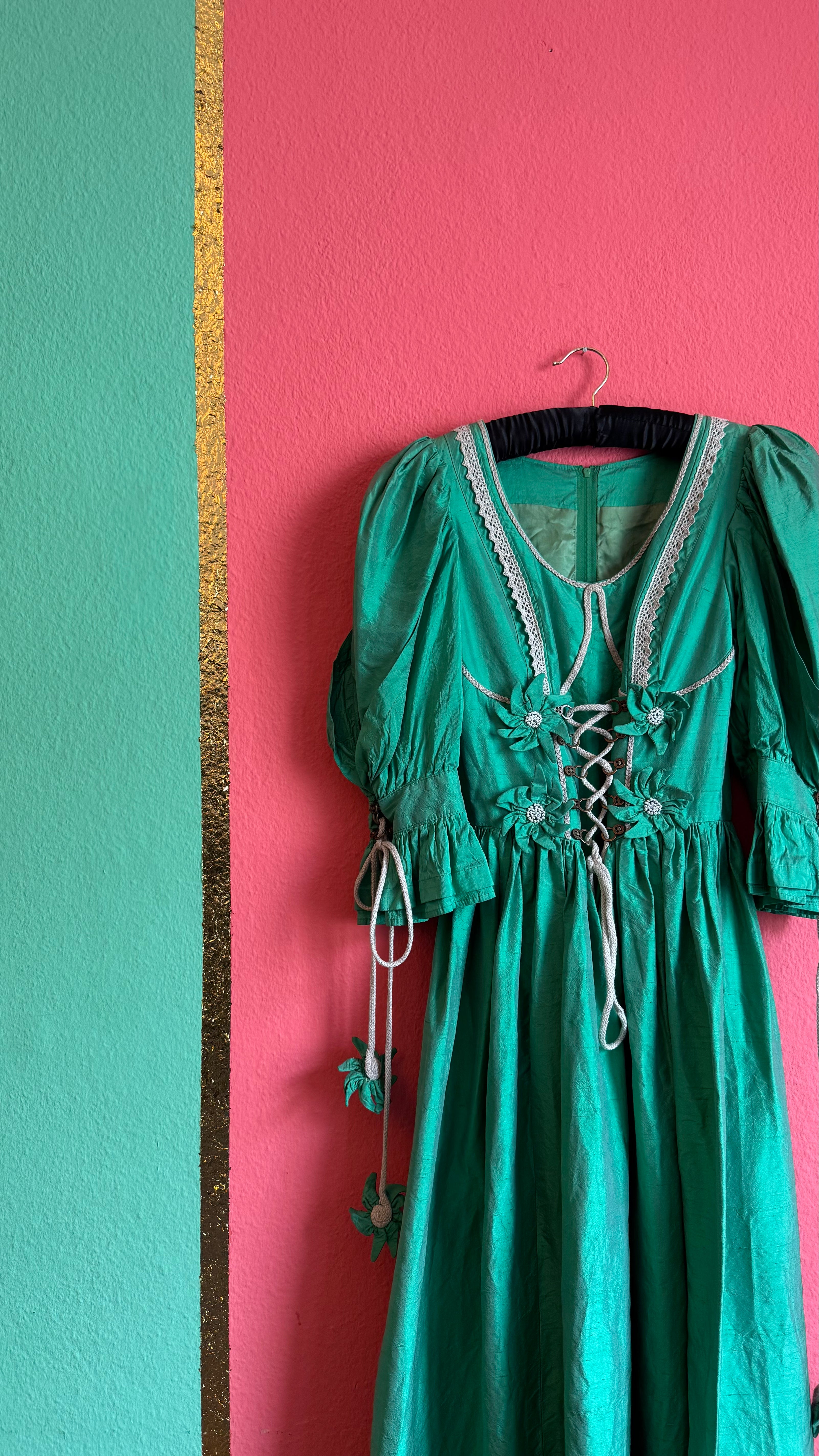 Vintage 1980s Emerald Green Silk Tracht Dress